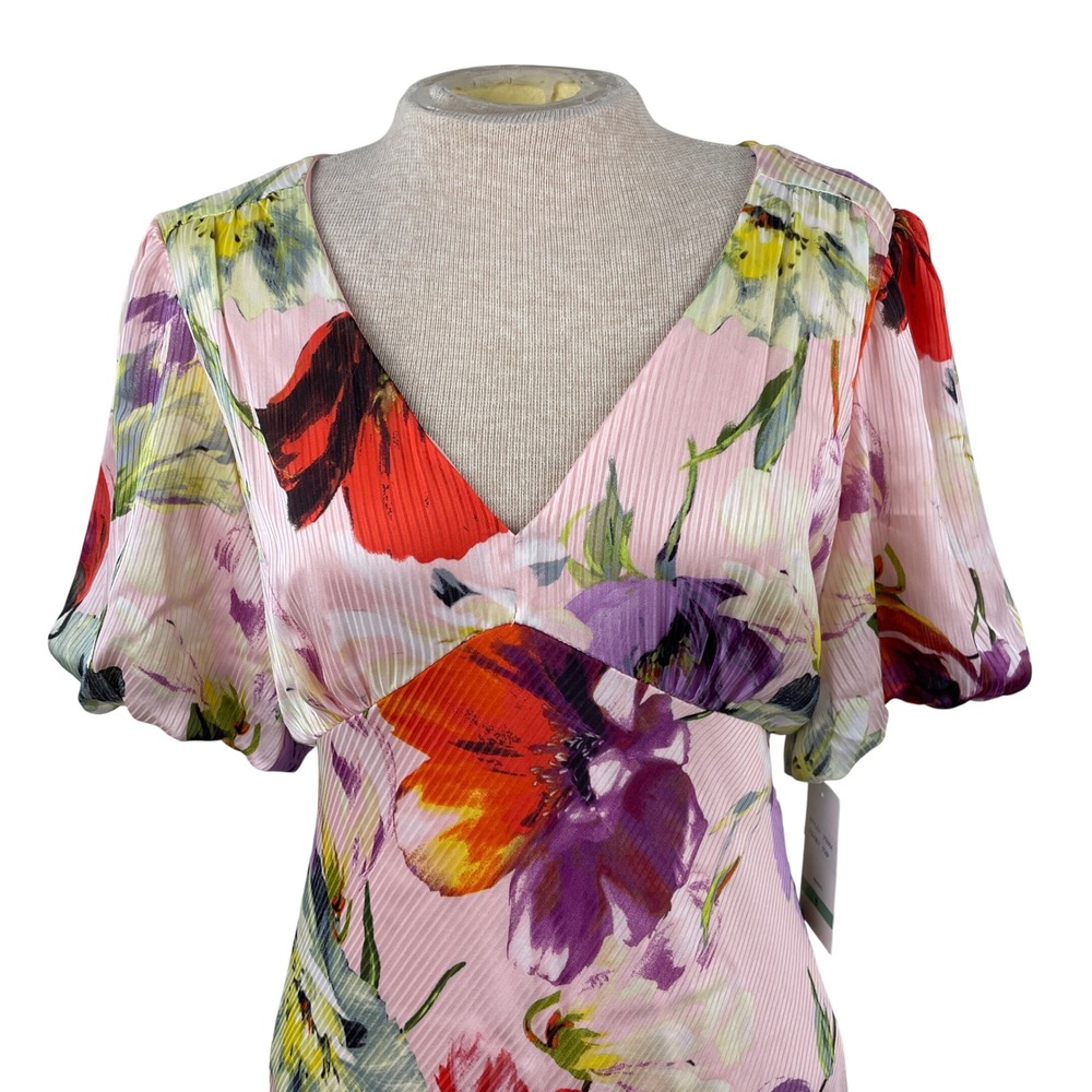 Taylor Pink Floral Maxi Dress V-Neck Puff Sleeve Multi-Color Size 8